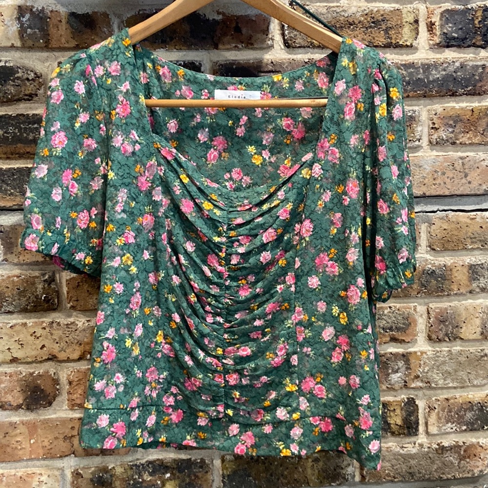 Elodie green floral bustier stretchy short sleeve ruched top size XL